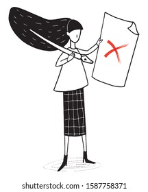 Girl with big pen and paper with red X mark. Simple vector illustration. 