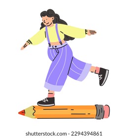 The girl with the big pencil. A young student holds a pencil. Cute funny isolated character. Cartoon style. Hand-drawn vector illustration. Drawing, writing, creation, design, blogging concept. Flat