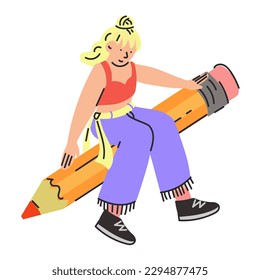The girl with the big pencil. A young student holds a pencil. Cute funny isolated character. Cartoon style. Hand-drawn vector illustration. Drawing, writing, creation, design, blogging concept. Flat.
