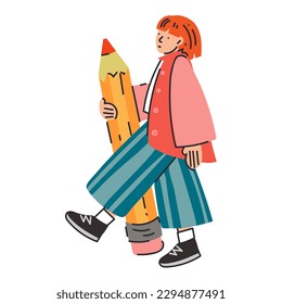 The girl with the big pencil. A young student holds a pencil. Cute funny isolated character. Cartoon style. Hand-drawn vector illustration. Drawing, writing, creation, design, blogging concept. Flat.