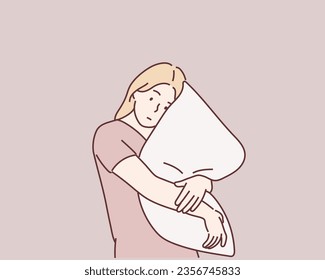 girl with big pillow. Hand drawn style vector design illustrations.