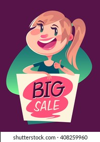 Girl with a big sale banner. Vector illustration.