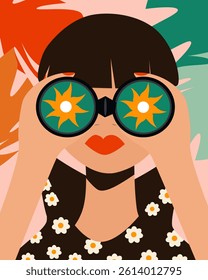 A girl with big scarlet lips looks through binoculars in which the sun is visible, we look out for summer, look into the distance. beautiful girl, poster. cover wallpaper
