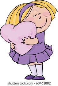 Girl with big soft cushion in the form of  pink heart