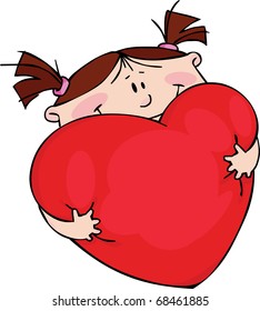 Girl with big soft cushion in the form of  red heart