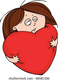 Girl with big soft pillow in the form of red heart