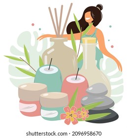 Girl and big spa set of natural cosmetics. Composition with accessories for home spa. Creams, shampoo, massage stones, bamboo greens and a sprig of vanilla. For baths and saunas. Isolated vector flat.