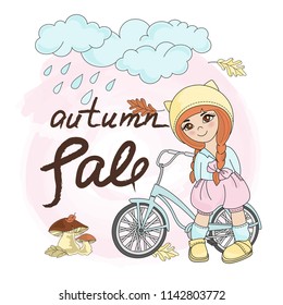 GIRL AND BIKE Color Vector Illustration Set for Scrapbooking and Digital Print on Card and Photo Children’s Albums