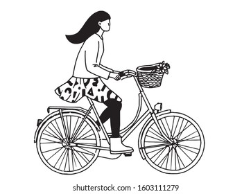 Girl with bike. Doodle vector illustration.