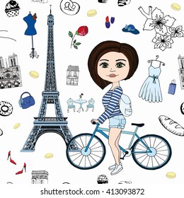 Girl with Bike in Paris Seamless Pattern