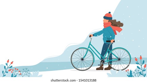 Girl with bike in the park in winter. Cute vector illustration in flat style.
