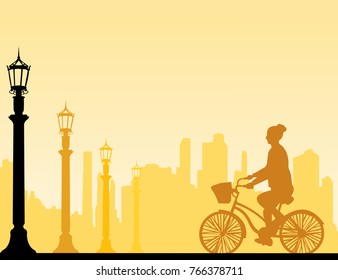 Girl bike ride on the street silhouette, one in the series of similar images. Layered vector illustration