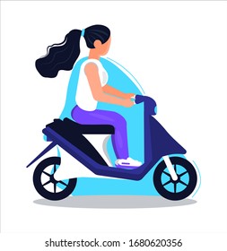 Girl biker vector. Motorcyclist is driving  scooter. Woman is riding moped illustration.