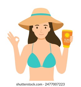 Girl in bikini and beach hat uses sunscreen cream enjoy summer vacation.