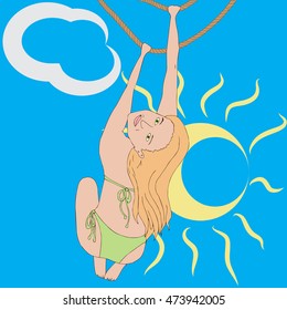  girl in a bikini blue background