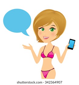 Girl In Bikini with bubble for text speech. Woman character vector illustration.