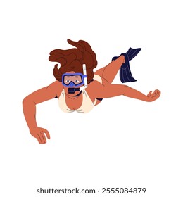 Girl in bikini does scuba diving with fins. Swimmer in goggles watching ocean wildlife during freediving. Diver swimming underwater with mask, snorkel. Flat isolated vector illustration on white