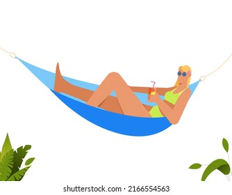 Girl in bikini laying in hammock, relaxing, drinking lemonade. Flat vector illustration isolated on white background
