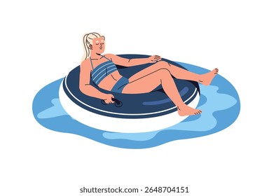 Menina de biquíni está deitada, banho de sol em círculo inflável na água no resort de verão. Jovem relaxa flutuando na boia salva-vidas em piscina em aquapark. Ilustração de vetor isolado plano em branco