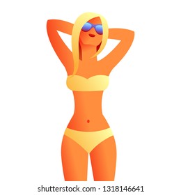 Girl in bikini on beach. Beautiful tanned blond woman in sunglasses.
