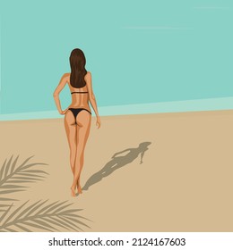 Girl In Bikini On The Beach, Cartoon Style, Flat Vector Illustration.