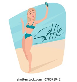 Girl in bikini on the beach doing selfie