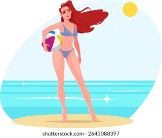Girl in bikini on beach holding ball, woman relaxing on coast on summer vacation. Stock vector illustration