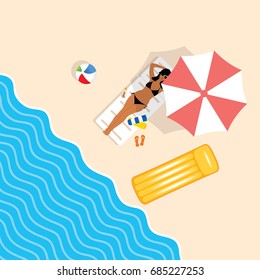 girl in bikini on beach paradise illustration in colorful