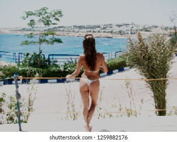 Girl in bikini on the beach. Vector colorful illustration. Halftone style.