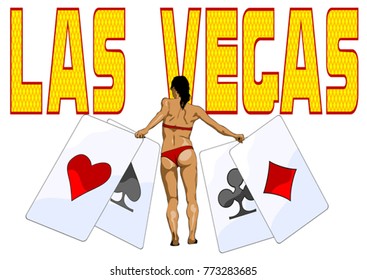 Girl in bikini with playing cards on white background