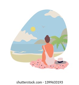 Girl in bikini relaxing at beach. Vector isolated flat illustration