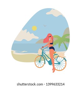 Girl in bikini relaxing at beach. Vector isolated flat illustration