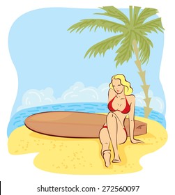 Girl in bikini sit with surfboard on a beach. Vector tropical illustration.