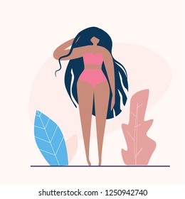 Girl in bikini sitting on the beach. Summertime illustration with cartoon character. Feminism concept in vector.