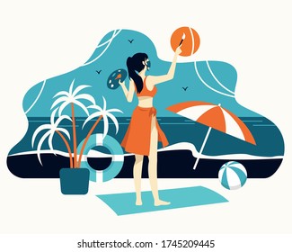 A girl in bikini suit drawing beach graffiti on the wall
