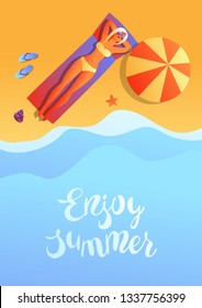 Girl in bikini sunbath and relax. Beautiful tanned blond woman in sunglasses on beach.