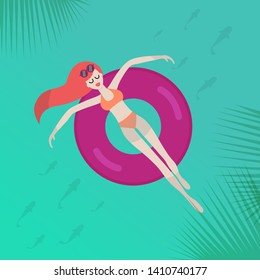 
Girl in bikini swimsuit relaxing on an inflatable ring in the pool. Summer vacation vector illustration.
