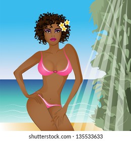 girl in a bikini in the tropics. The girl's red hair. In the hair tropical flowers - plumeria. The girl in yellow swim suit in the rays of light. On the neck of the girl necklace of tropical flowers.