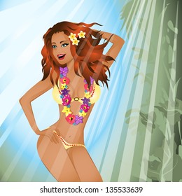 girl in a bikini in the tropics. The girl's red hair. In the hair tropical flowers - plumeria. The girl in yellow swim suit in the rays of light. On the neck of the girl necklace of tropical flowers.