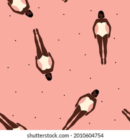 Girl in bikini Vector illustration in flat design Seamless pattern with black woman in white bikini on pink background with polka dot