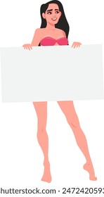 Girl in bikini with white poster in hands . Stock vector illustration