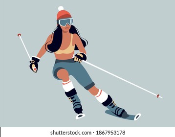 Girl in bikinis in winter. Young girl is skiing. Winter game sport vector flat illustration of skier.