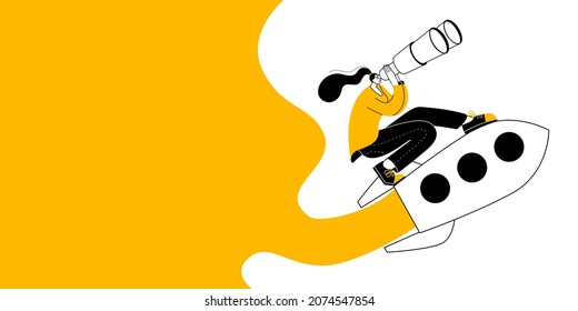 A girl with binoculars is flying on a rocket. Vector illustration about the search for a successful idea. Horizontal banner template.