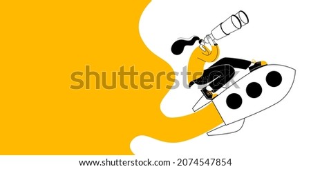 A girl with binoculars is flying on a rocket. Vector illustration about the search for a successful idea. Horizontal banner template.