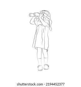 A girl with binoculars looks into the distance.  Contour black and white