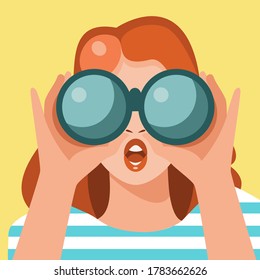 Girl with binoculars in retro style. Wonder. Vector illustration.