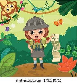 A Girl With A Binoculars Standing In A Jungle Holding A Map. Vector Illustration.