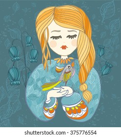 Girl with bird. Decorative vector illustration for greeting card, invitation. Floral design.