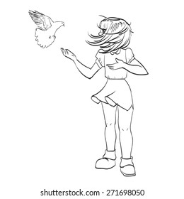 girl with bird dove vector