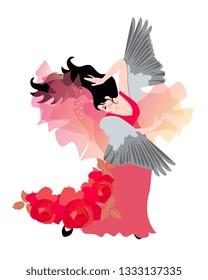 Girl - bird dressed in a long red dress dancing flamenco.